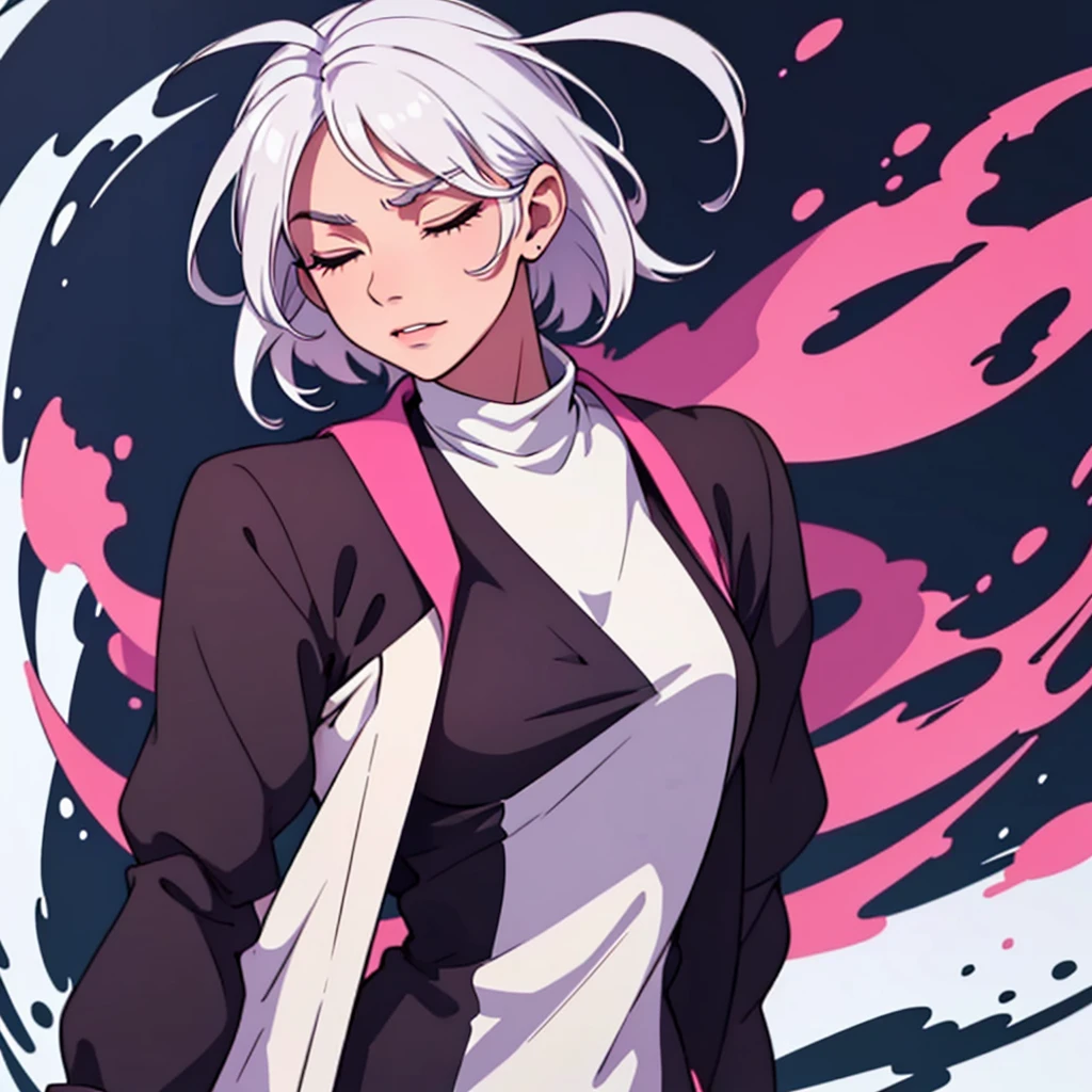 short white hair, highres, high resolution, masterpiece, wide dark pink eyes, looking right, looking towards the right, looking rightward, talking, grinning, confident, masterpiece, best quality, highres, 1 man, Gojo Satoru jujutsu kaisen, wavy hair, white hair, medium short hair, teenager, colorful hair, light background, full body, teenager, colorful parts, symbols, dark , bold, realistic mixing dark lines and loose lines, bold lines, on paper, human man, full body, imposing pose, stylish outfit, dark theme, beautiful, pretty, modest, standing, male, sharp chin, high cheekbones, white background, highres, high resolution, masterpiece, mouth open, speaking, talking ,mouth moving, eye's closed, no eyes, eyes shut, eyes gone