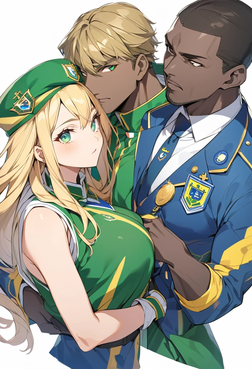 Black man with golden hair, dark green eyes, green and blue uniform and also dark blue. In the middle of the chest, the Brazilian emblem.