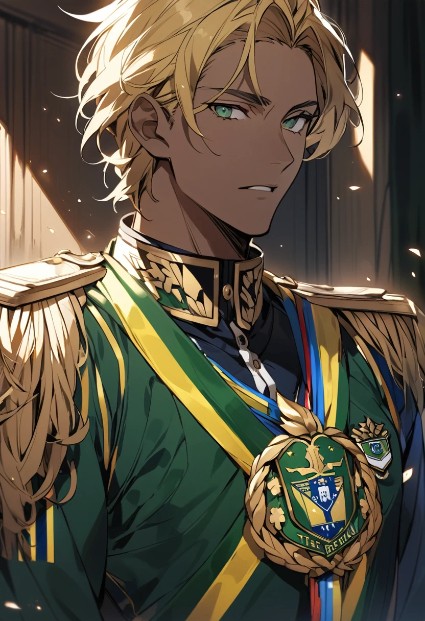 Black man with golden hair, dark green eyes, green and blue uniform and also dark blue. In the middle of the chest, the Brazilian emblem.