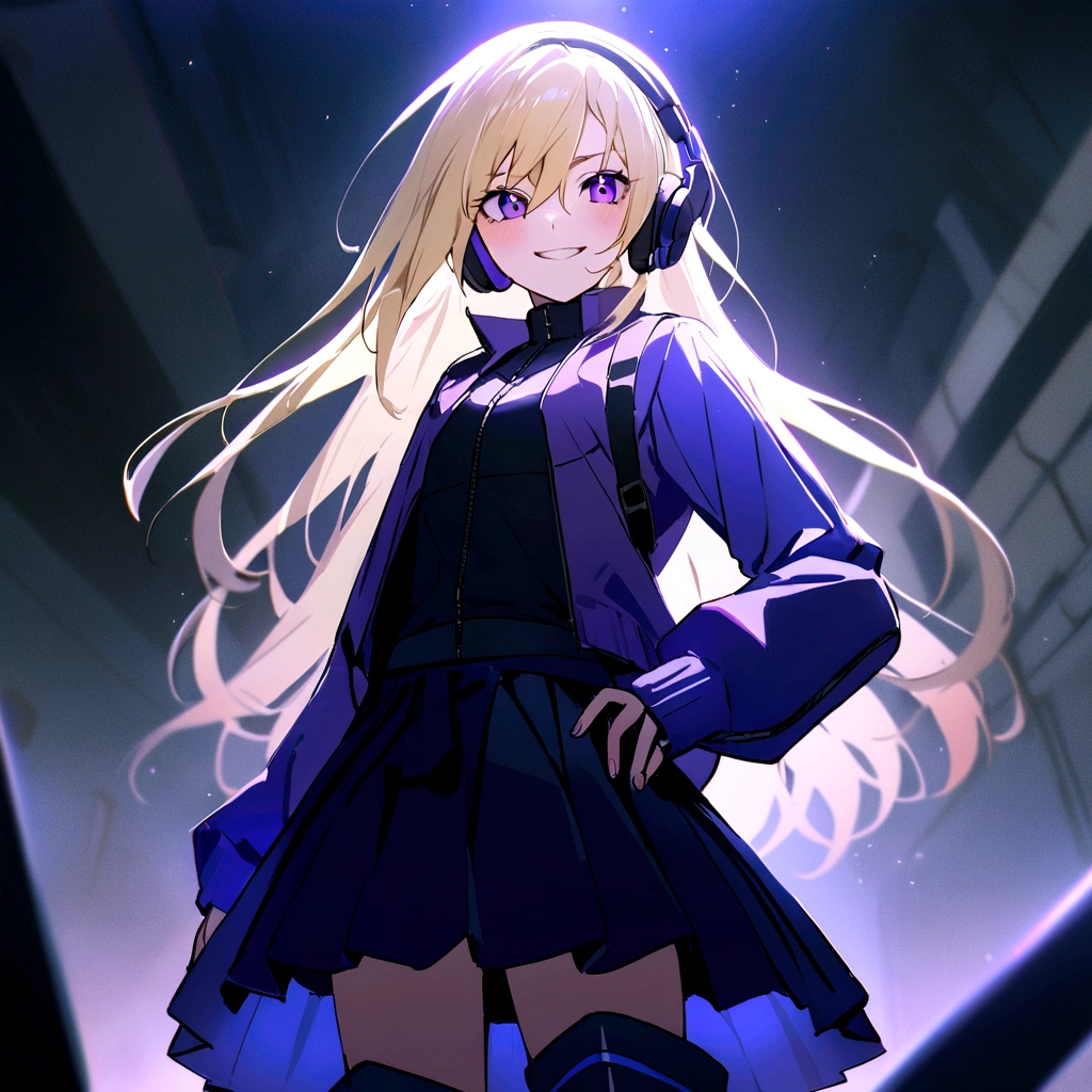 make me a female, , long blonde hair, purple eyes, she's grinning, cyber clothes, purple and blue outfit, skirt and top with boots, headphones