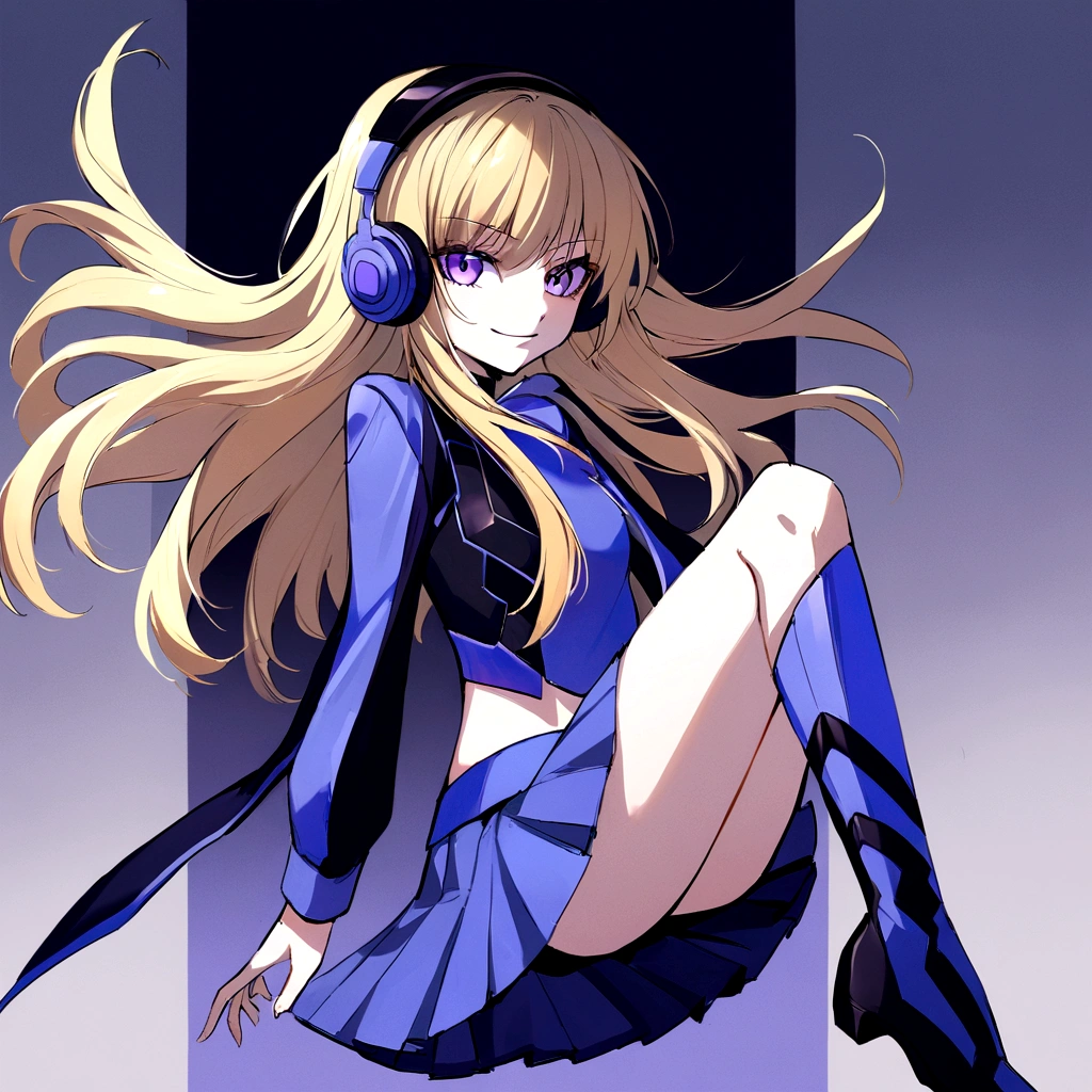 make me a female, , long blonde hair, purple eyes, she's grinning, cyber clothes, purple and blue outfit, skirt and top with boots, headphones