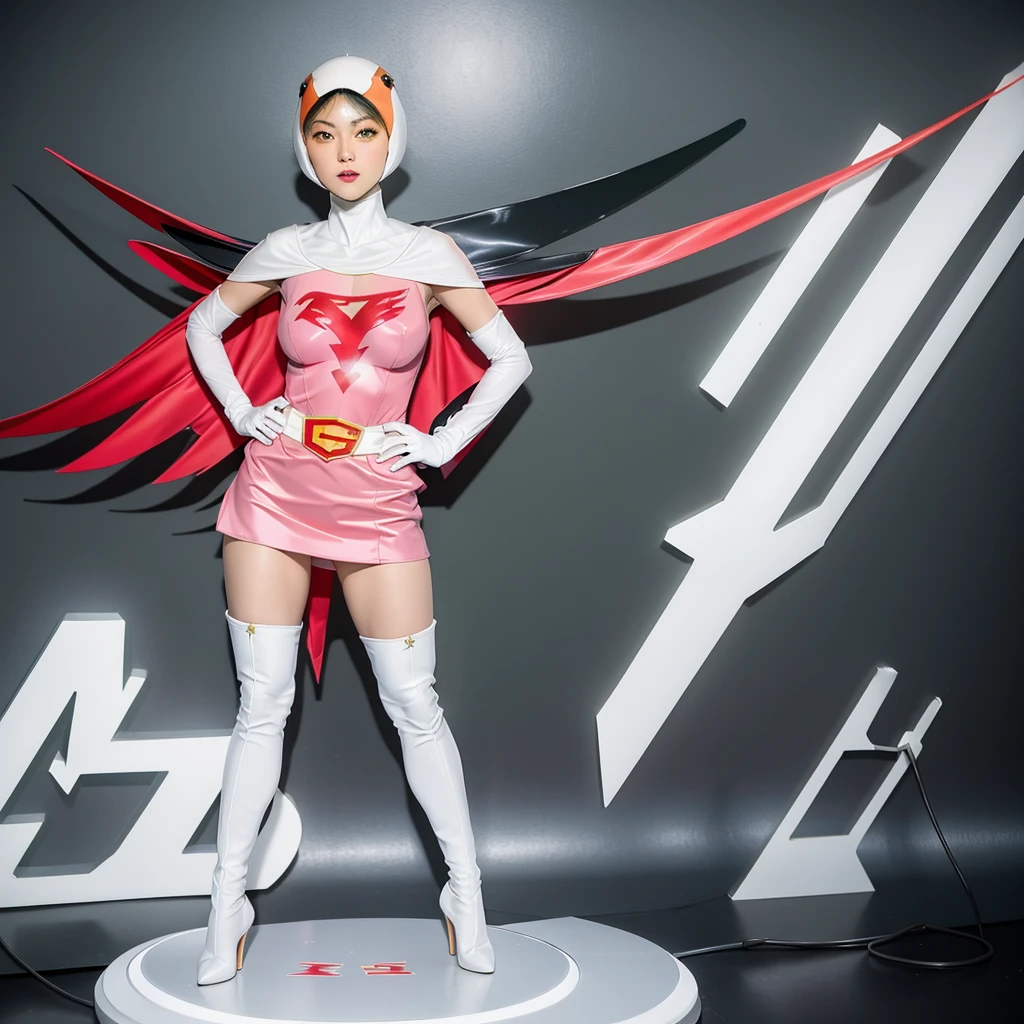 ANI_CLASSIC_jun_gatchaman_ownwaifu,1girl, 15 years old,good anatomy, masterpiece, best quality,realistic, hyperrealistic, 16k hdr,breasts,green eyes,lips,large breasts,lipstick,makeup,gloves,cape,helmet,belt,elbow gloves,white gloves,mask,ultra miniskirt,leotard,spacesuit,white tight overknee highheels boots,pink dress,superhero,bodysuit,cleavage,erected nipples,((stand poses,hands on hip)),cameltoe