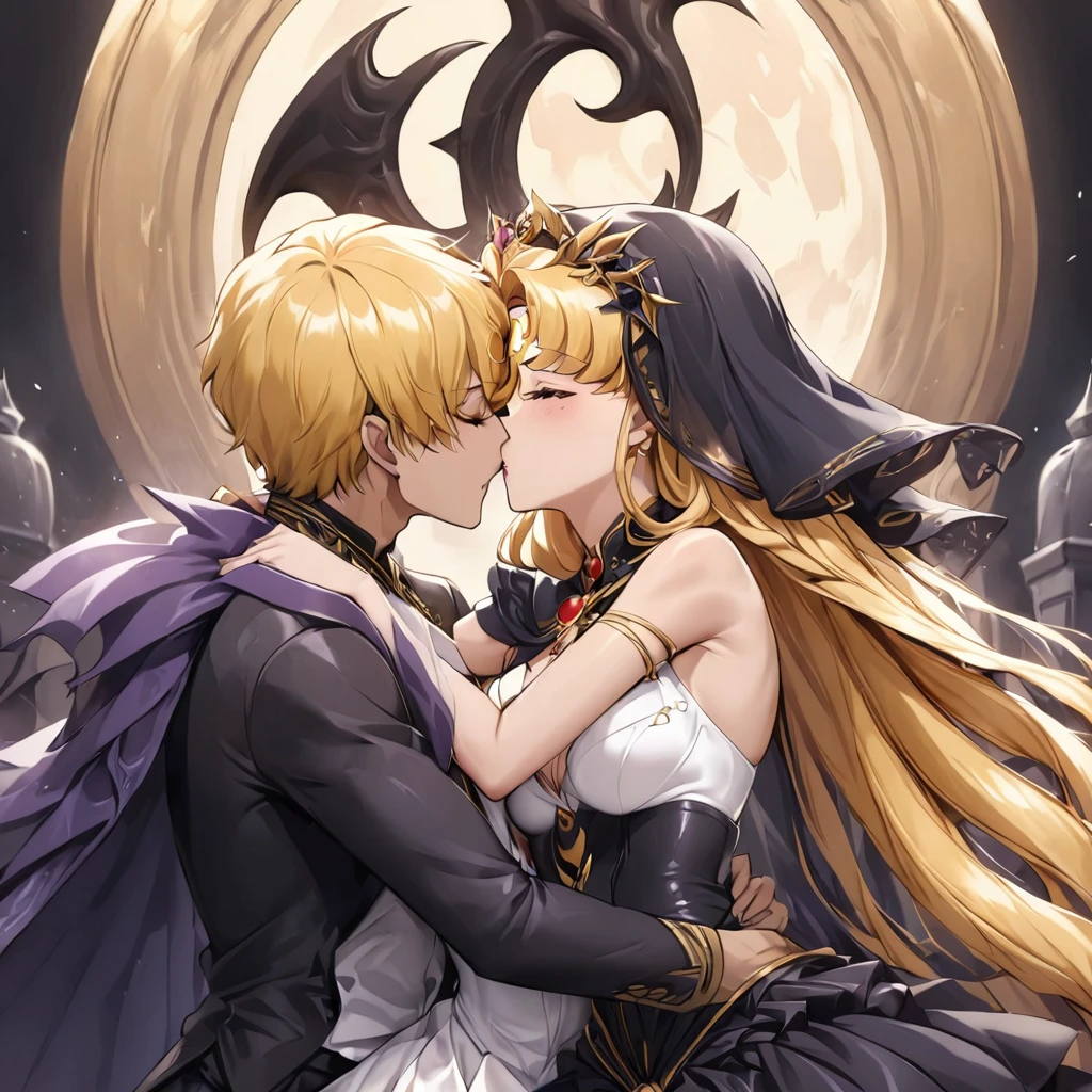 ((Highest quality)), ((masterpiece)), (detailed), （Perfect Face）、Woman is the Dark Bride、The man is a powerful demon king、Men and women in love、The woman is Black Serenity, the noble dark queen of the Black Moon clan and has blonde hair.２The woman with long hair tied up is Princess Serenity、The woman embraces the strong and evil demon king, kisses him, and gets married in the Black Moon Temple.、The woman has a black inverted crescent moon mark on her forehead, a gorgeous and glittering black gothic Victorian dress, a black veil and a black see-through cape, and is wearing luxurious jeweled accessories. She is the Queen of Darkness, the jet-black Princess Serenity, with a happy expression and the expression of a maiden in love.、A woman and a strong, evil demon king man are embracing the dark bride woman, kissing her vows and getting married.、The man is a strong and evil demon king, who embraces the woman, kisses her vows, and holds a wedding ceremony in the Temple of the Black Moon.、Men and women in love