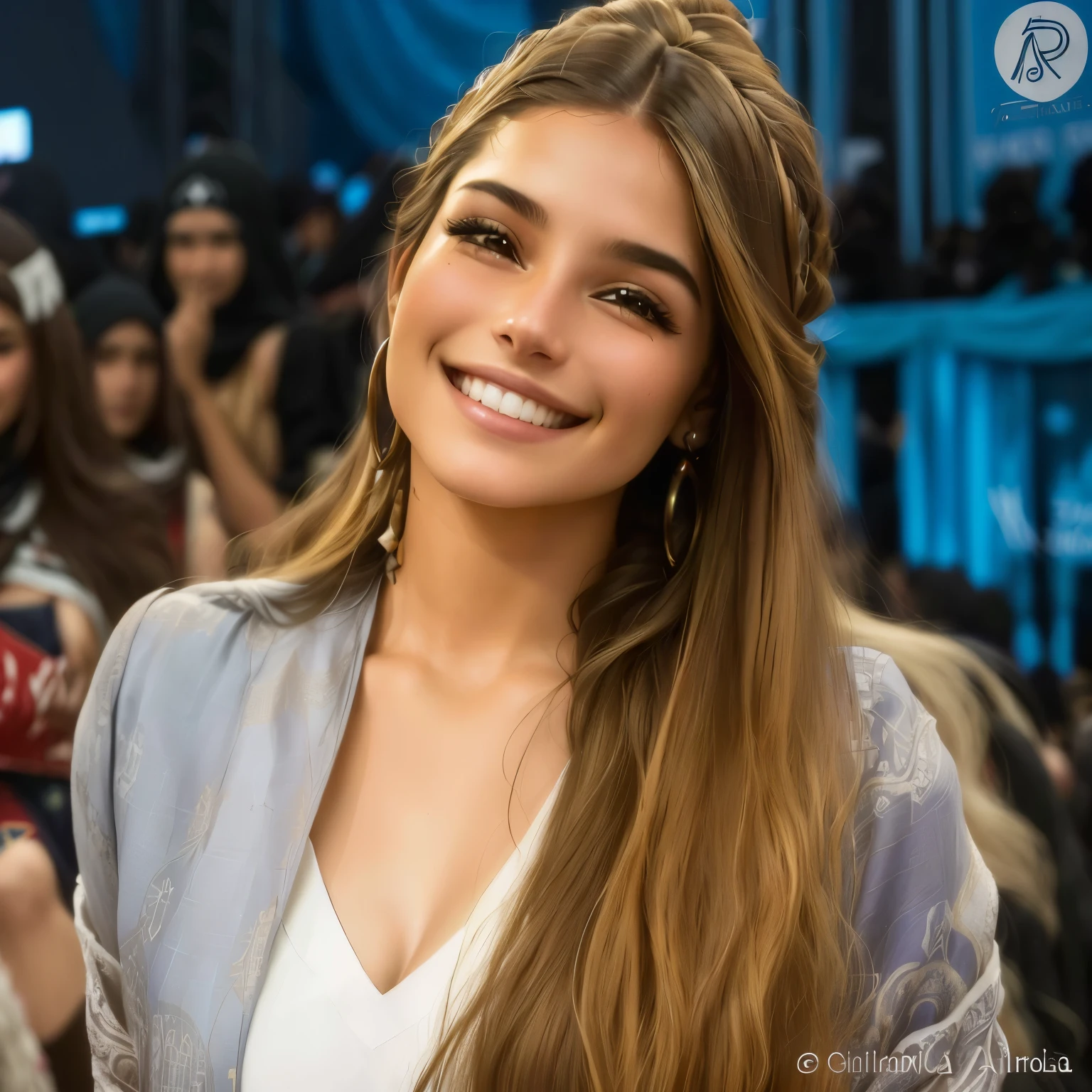 arafa woman with long hair smiling in front of a crowd, Carolina Gariba, olivia de bernardinis, fernanda suarez, Julia Fontes, by Amélia Peláez, valentine shuffle, Aleksandra Waliszewska, beautiful and smiling, carola rubio, marischa becker, Laura Lipton, by Almeida Júnior