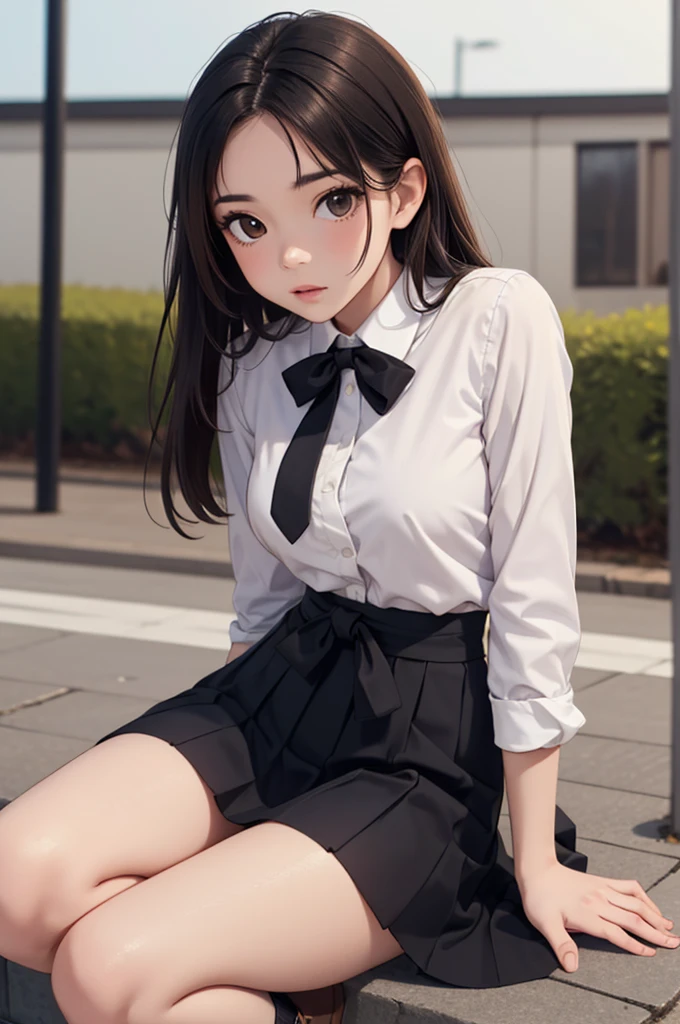 (((masterpiece, best quality, ultra highres, 1 girl, solo, no background))), super detailed skin and face and eyes and finger, beautiful japanese woman, small breasts:1.5, skinny, light brown hair, white background, very short pixie hair, (an illustration of girl), Knee shot, Generate with illustrations, Various expressions, Various poses,  outline, anime, Panty shot, Spread legs, Skirt, , White panties, Socks, Black hair, Shirt, Blurred, Blurred background, Knee-high, White shirt, Loafers, Realistic, Long hair, Lips, Brown eyes, Black socks, Tie, Pleated skirt, Bow, Headrest, Sideways, Outdoors, Brown footwear,