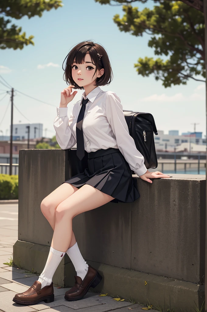 (((masterpiece, best quality, ultra highres, 1 girl, solo, no background))), super detailed skin and face and eyes and finger, beautiful japanese woman, small breasts:1.5, skinny, light brown hair, white background, very short pixie hair, (an illustration of girl), Knee shot, Generate with illustrations, Various expressions, Various poses, outline, anime, Panty shot, Spread legs, Skirt, , White panties, Socks, Black hair, Shirt, Blurred, Blurred background, Knee-high, White shirt, Loafers, Realistic, Long hair, Lips, Brown eyes, Black socks, Tie, Pleated skirt, Bow, Headrest, Sideways, Outdoors, Brown footwear,