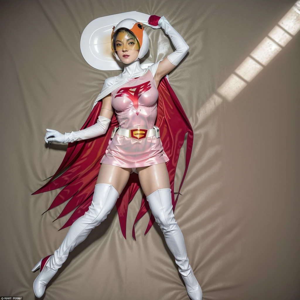 ANI_CLASSIC_jun_gatchaman_ownwaifu,1girl, ,good anatomy, masterpiece, best quality,realistic, hyperrealistic, 16k hdr, long hair,breasts,green eyes,lips,large breasts,lipstick,makeup,gloves,cape,helmet,belt,elbow gloves,white gloves,mask,ultra miniskirt,leotard,spacesuit,white tight overknee highheels boots,pink dress,superhero,bodysuit,cleavage,erected nipples,(lying flat poses, view from above),cameltoe