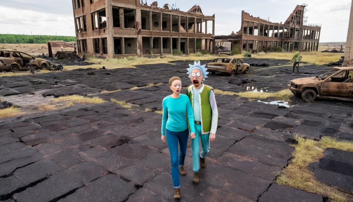 Rick and Morty in a post-apocalyptic wasteland with ruined buildings, mutated creatures, and a desolate landscape.