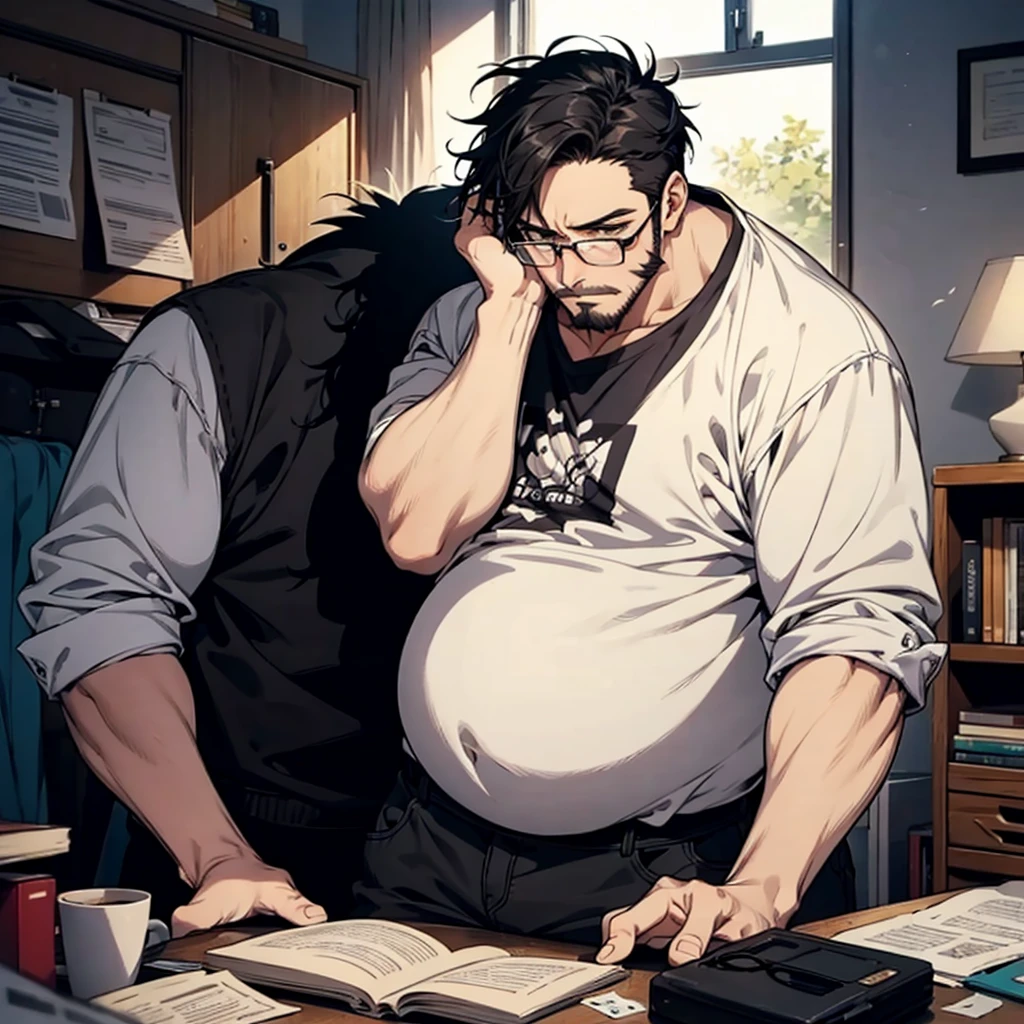 1 male, fat, tall, facial hair, glasses, depressed, messy room, black hair