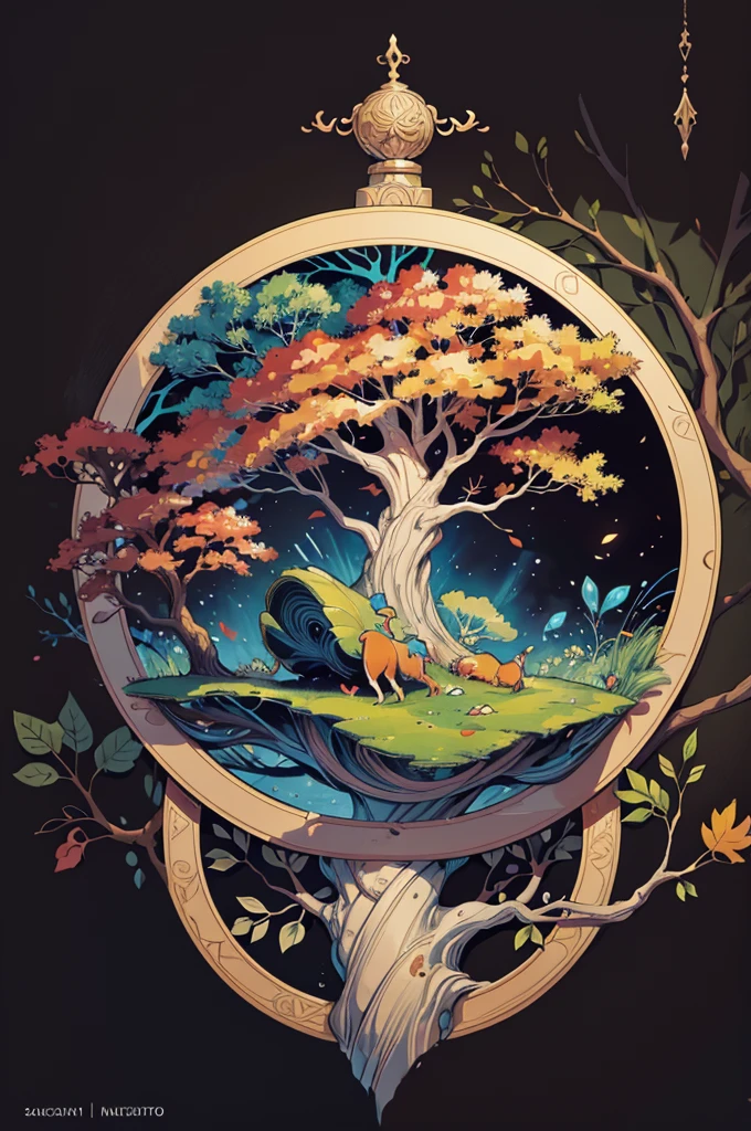 circular tree,four seasons,spring,summer,autumn,winter,leaves,roots,branches,trunk,ornate border,decorative,digital illustration,artwork,movement,time,swirling background,dark background,vibrant colors,natural,life cycle,growth,change,nature,life,peace,harmony,spirituality,symbolism,digital art,illustration,painting,graphic design,art,design,digital media,online art,visual art,fine art,fantasy
