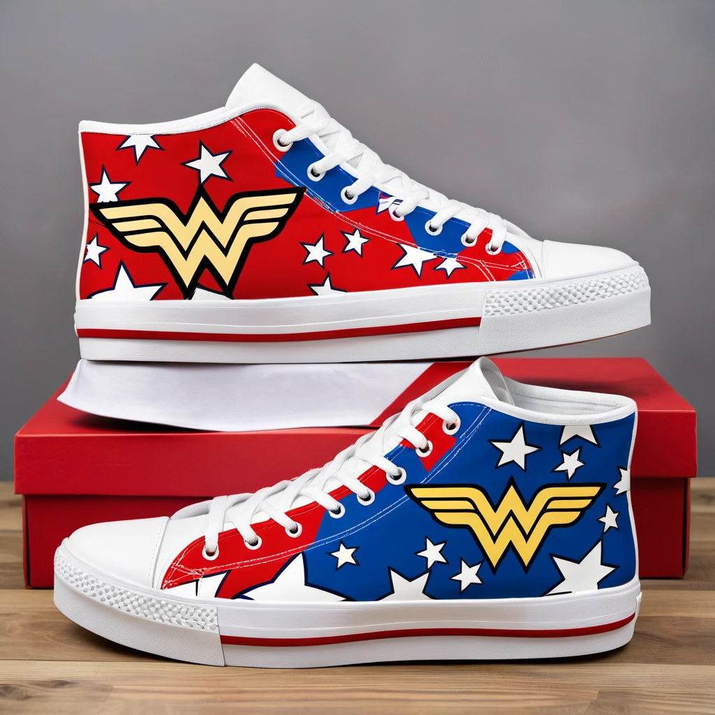 a pair of women dancer's trainers. custom high top trainers. featuring a wonder woman design theme. chunky sole. stars and stripes on the underside