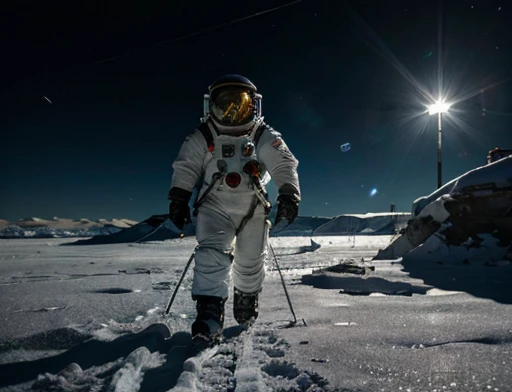 low angle , floor , Daytime lighting in the frozen environment, Ground with snow, astronaut wearing space suit is walking on the ice planet and observes something impressed by an alien structure , full body photography full body image. Environment overview. He is accompanied by a ground exploration robot.