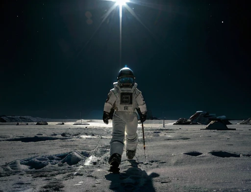 low angle , floor , Daytime lighting in the frozen environment, Ground with snow, astronaut wearing space suit is walking on the ice planet and observes something impressed by an alien structure , full body photography full body image. Environment overview. He is accompanied by a ground exploration robot.