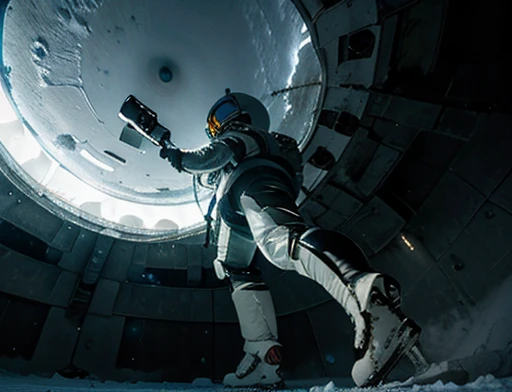 low angle , floor , Daytime lighting in the frozen environment, Ground with snow, astronaut wearing space suit is walking on the ice planet and observes something impressed by an alien structure , full body photography full body image. Environment overview. He is accompanied by a ground exploration robot.