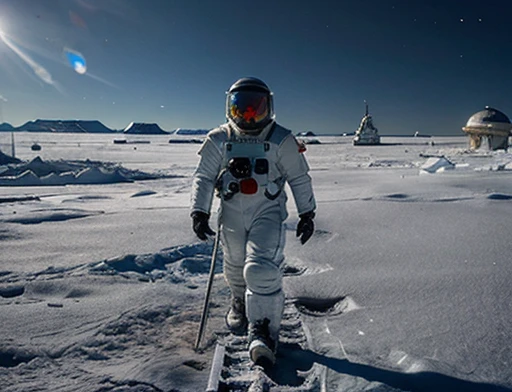 low angle , floor , Daytime lighting in the frozen environment, Ground with snow,  astronaut wearing space suit is walking on the ice planet and observes something impressed by an alien structure , full body photography full body image. Environment overview. He is accompanied by a ground exploration robot.