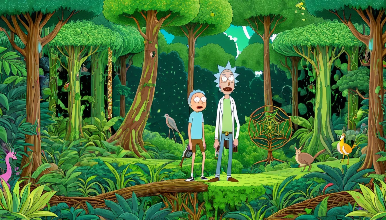 Rick and Morty in a fractal jungle with endlessly repeating patterns of trees, vines, and surreal wildlife.