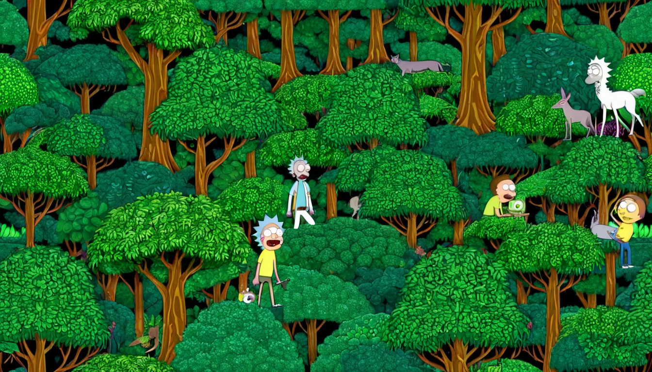 Rick and Morty in a fractal jungle with endlessly repeating patterns of trees, vines, and surreal wildlife.