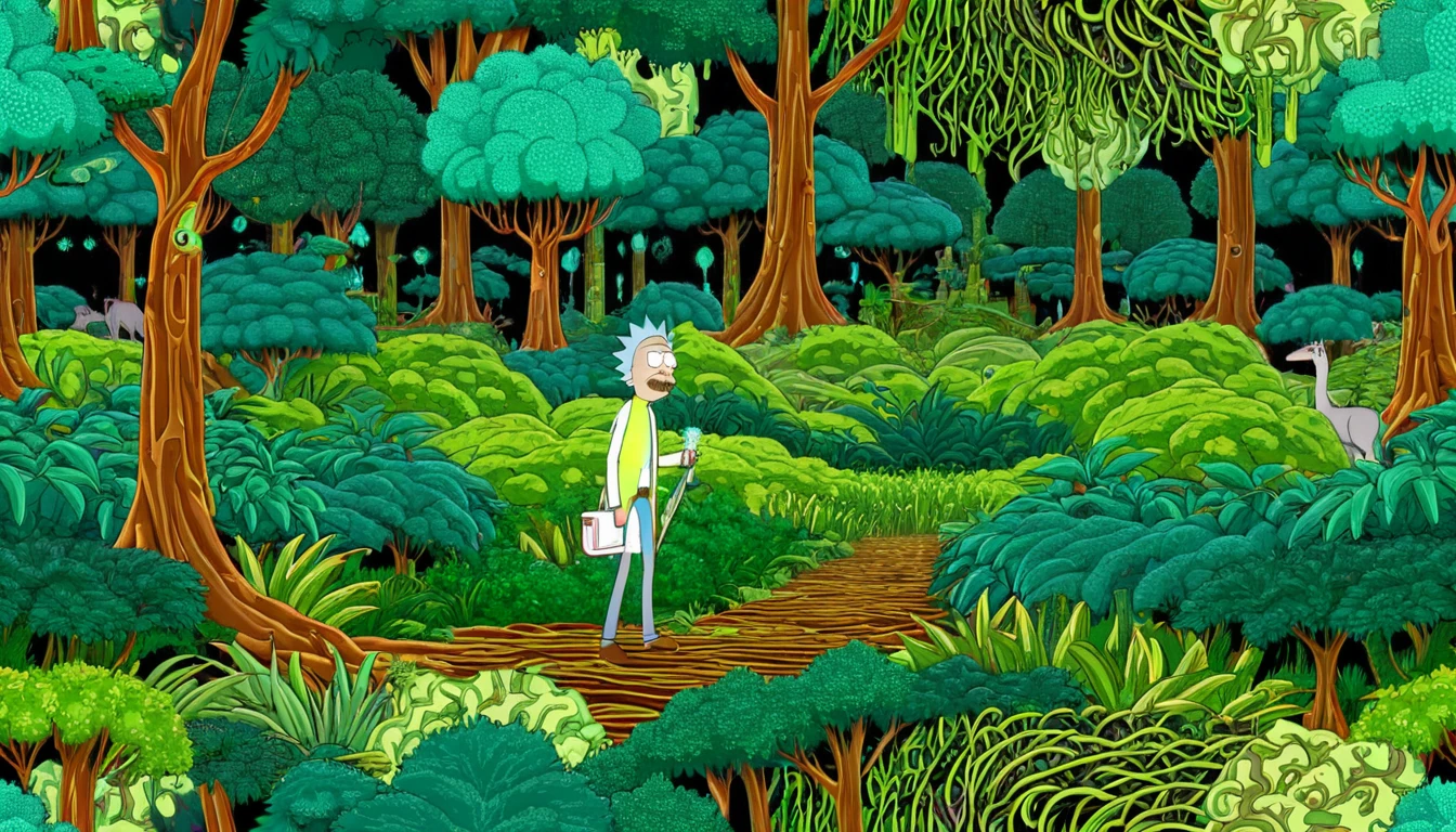 Rick and Morty in a fractal jungle with endlessly repeating patterns of trees, vines, and surreal wildlife.