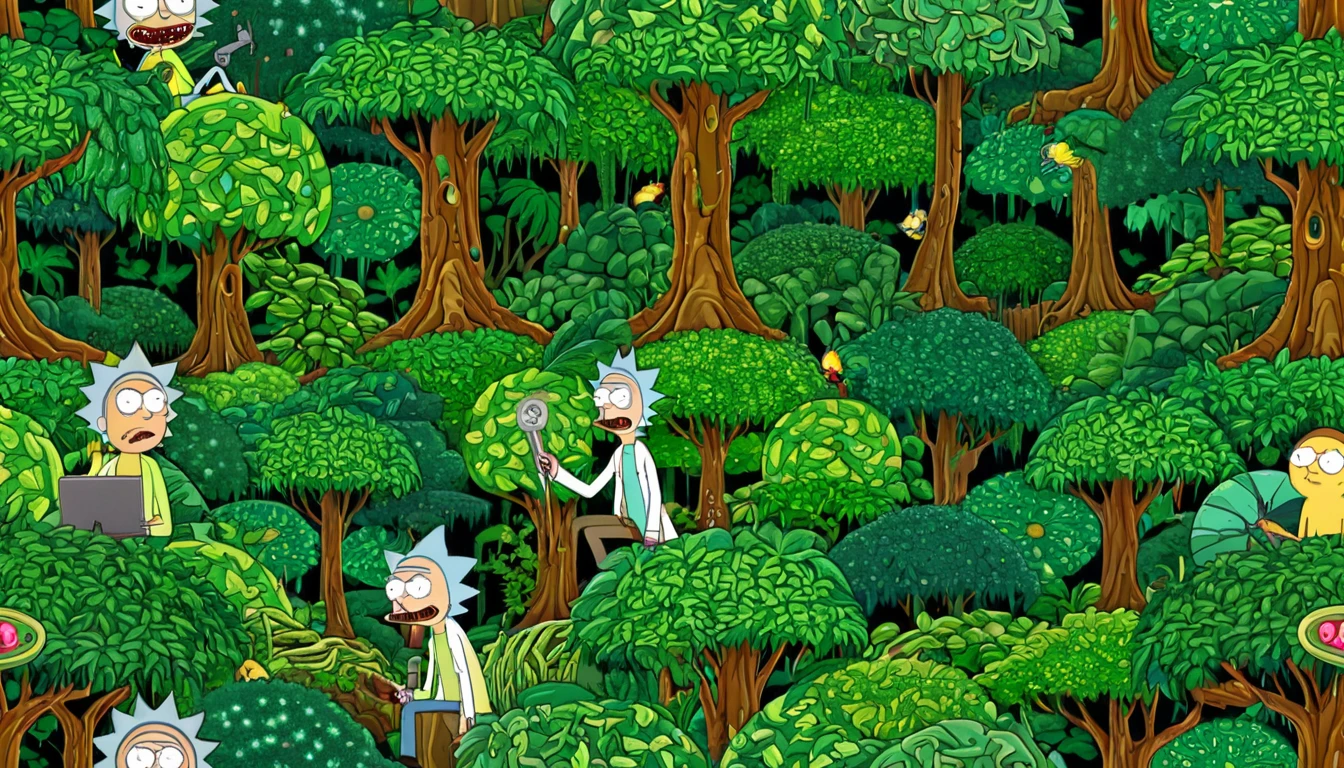 Rick and Morty in a fractal jungle with endlessly repeating patterns of trees, vines, and surreal wildlife.