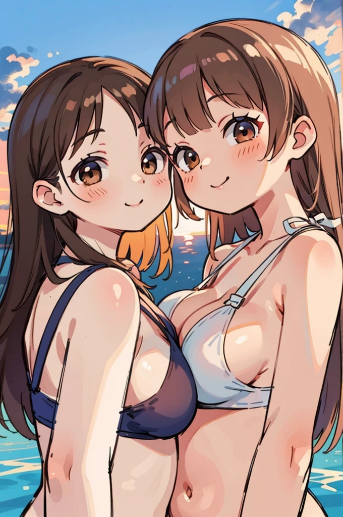 close up, From below, top quality, masterpiece, 16 K, High resolution, close up, 2 girls in, blush, beautiful hair of light brown color, beautiful brown eyes, swim wears, plump breasts, Japanese idol, Smile, Sunset Classroom, They are hugging each other,slender body,押しつぶされた胸