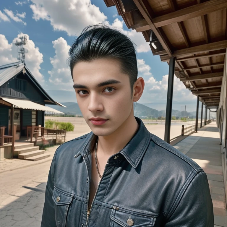 Man Aarav wears a black leather jacket and poses for a photo., Portrait of Jughead Jones, Headshot, Inspired by Adam Dario Kiel, Headshotgraph, Headshot profile picture, Rafael Pernaz, Portrait, handsome face, David Marquez, good looking face, Acting headshot, Rick Dai, Christian Orrillo, male actor, handsome man，black short hair
