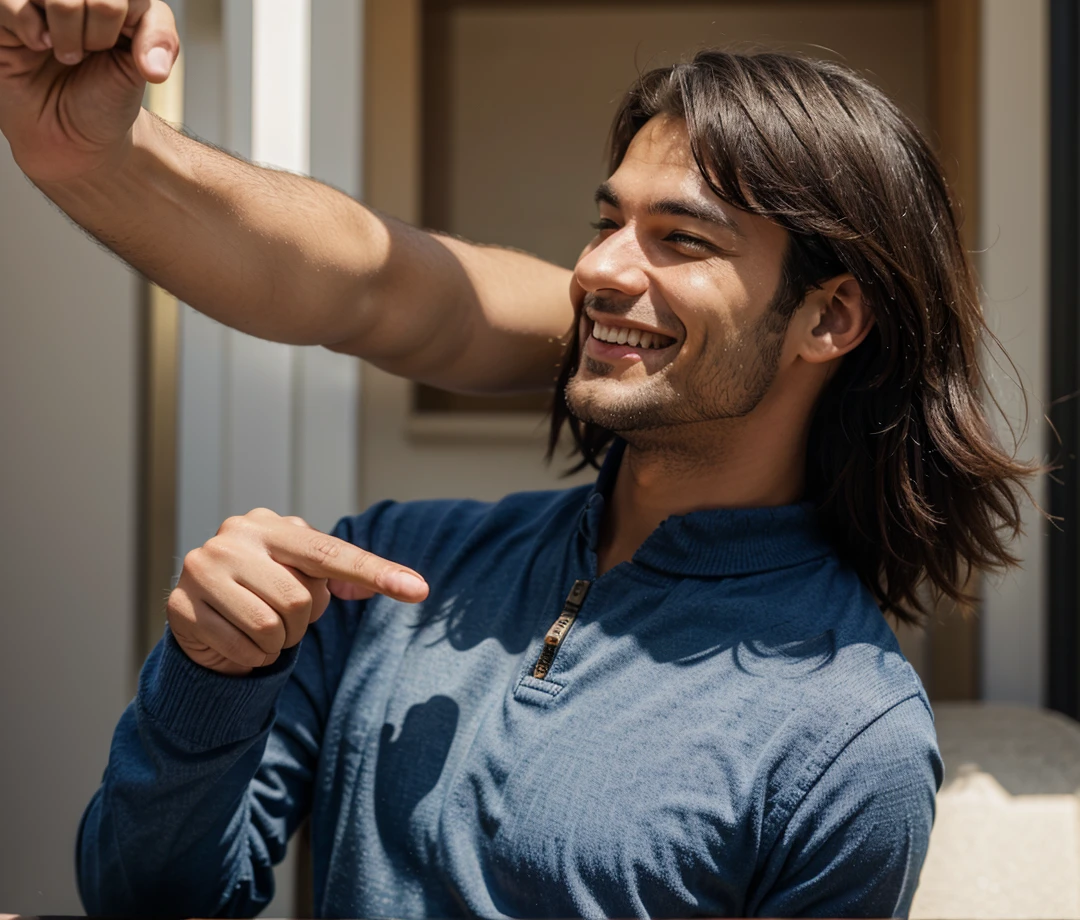 Man in profile pointing a finger to the left side and smiling
