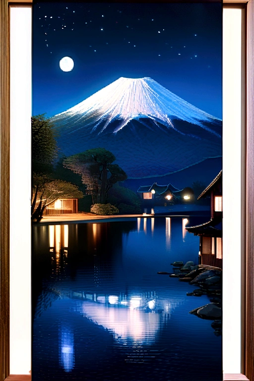 A very starry night. Huge moon behind Mount Fuji. A quiet lake reflecting the night. Realistic Scene, detailed, Photorealism, 8K