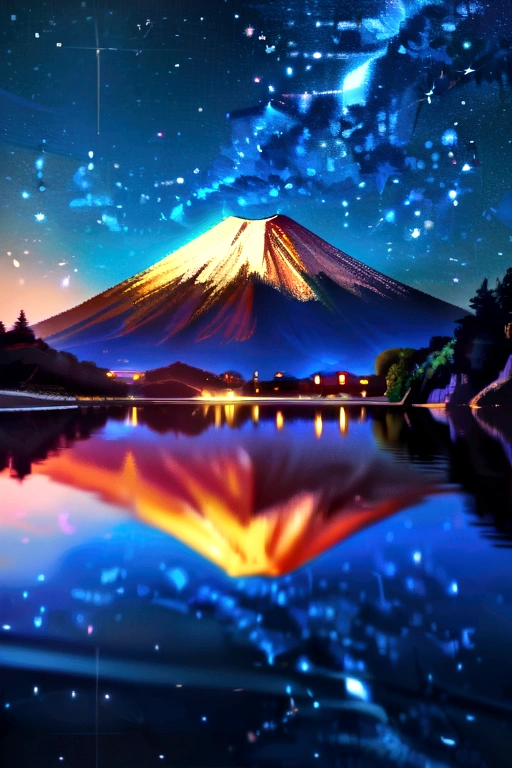 A very starry night. Huge moon behind Mount Fuji. A quiet lake reflecting the night. Realistic Scene, detailed, Photorealism, 8K