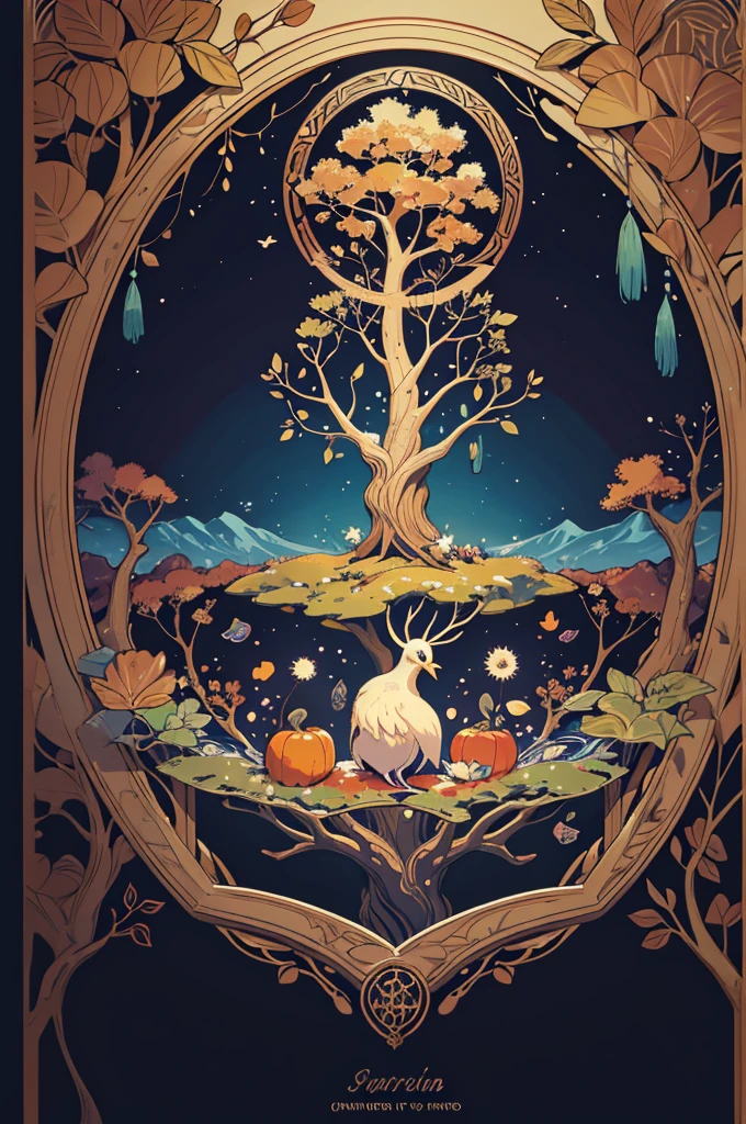 circular tree,four seasons,spring,summer,autumn,winter,leaves,roots,branches,trunk,ornate border,decorative,digital illustration,artwork,movement,time,swirling background,dark background,vibrant colors,natural,life cycle,growth,change,nature,life,peace,harmony,spirituality,symbolism,digital art,illustration,painting,graphic design,art,design,digital media,online art,visual art,fine art,fantasy