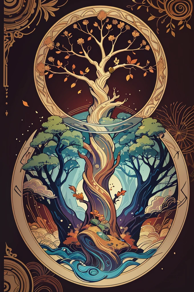 circular tree,four seasons,spring,summer,autumn,winter,leaves,roots,branches,trunk,ornate border,decorative,digital illustration,artwork,movement,time,swirling background,dark background,vibrant colors,natural,life cycle,growth,change,nature,life,peace,harmony,spirituality,symbolism,digital art,illustration,painting,graphic design,art,design,digital media,online art,visual art,fine art,fantasy