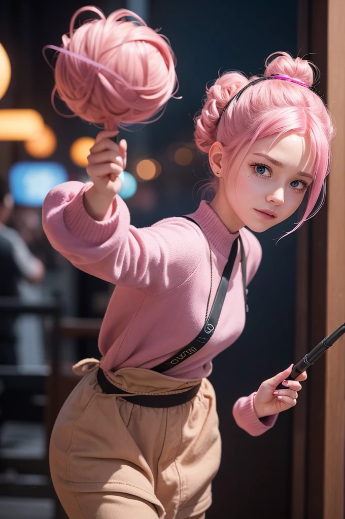 I want a photo of an emotion from the Pixar movie.She has pink hair with two buns.she is holding a wand.and she's a little shy