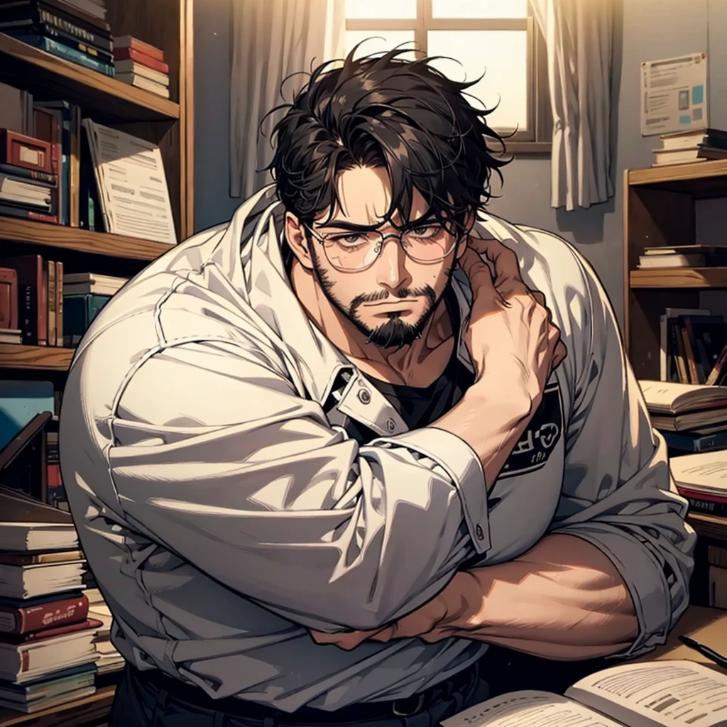 1 male, fat, tall, facial hair, glasses, depressed, messy room, black hair, big soft arms, nerd