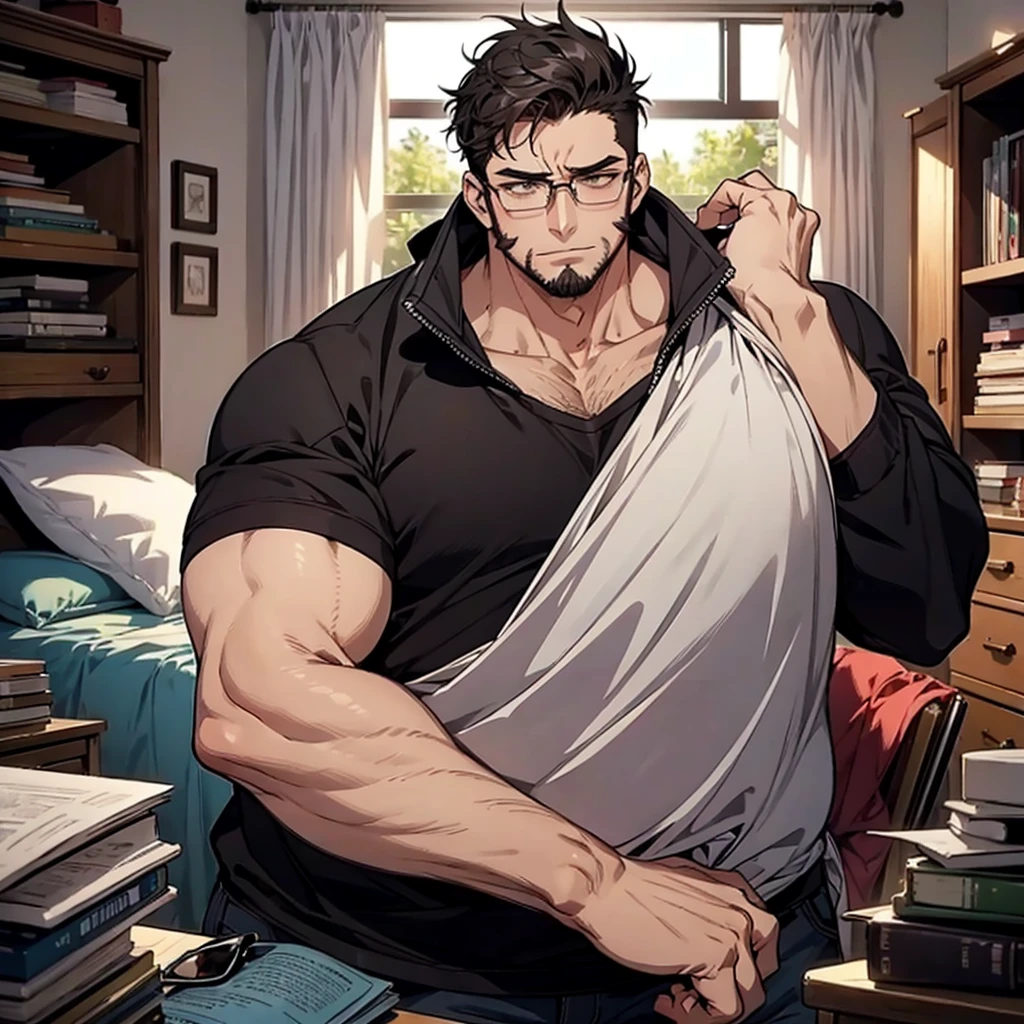  1 male, fat, tall, facial hair, glasses, depressed, messy room, black hair, big soft arms, nerd