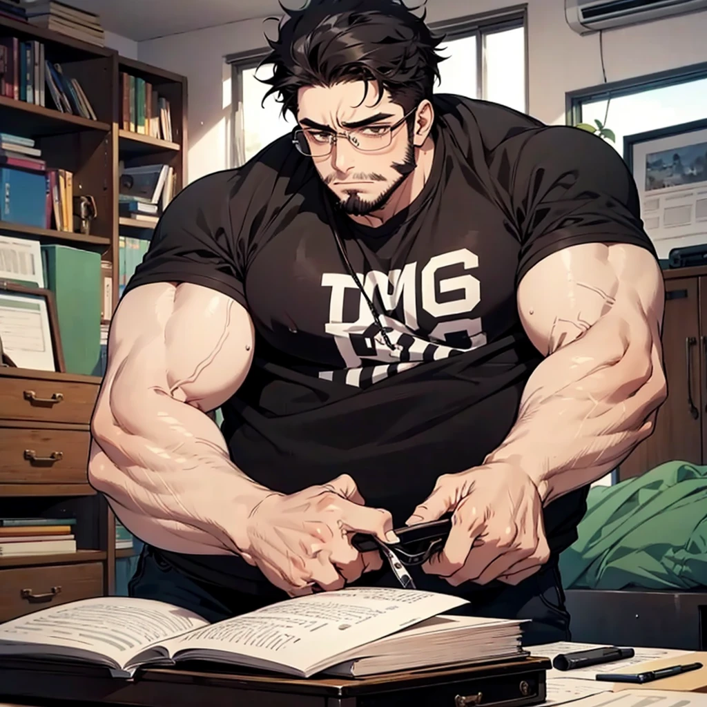  1 male, fat, tall, facial hair, glasses, depressed, messy room, black hair, big soft arms, nerd