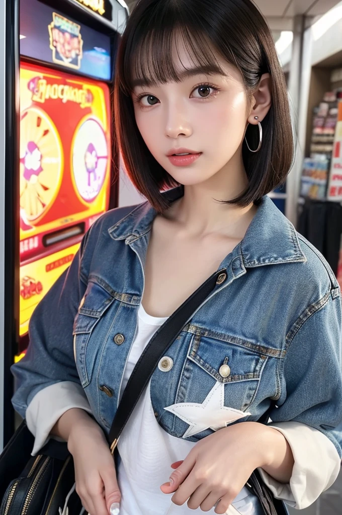 Game center, professional gamer, ((full body)), ((photo)), ((best qualtiy, 8K, tmasterpiece: 1.3)), Focus: 1.2, perfect figure beautiful girl: 1.4, 1girl, cowboy shot, look at viewer, eyes facing the camera, incredibly absurd, beautiful and cute girl with a photorealistic face, showcasing top-quality craftsmanship, A Japanese girl playing games at an arcade, , with a bob cut, silky black hair, bangs cut at an angle to reveal her right eye, large eyes, a soft smile, tanned skin, thin and well-formed eyebrows, straight nose with a rounded tip, thin lips but a healthy, natural pink colour, small ears with pierced ears, a slender neck with a sharp jawline, a small face with well-formed facial features, fair, fine, translucent skin, long eyelashes that make the eye makeup stand out, eyes that are powerful but also kind, Well-aligned, white teeth, healthy, shiny skin and hair, friendly expression, , slender, well-balanced proportions, good posture, beautiful C-cup breasts, white character T-shirt, blue denim jacket, yellow shorts, white sneakers, silver earrings, tote bag with game character illustration printed on it, beautiful girl, moe, devilish type, sociable and easy to talk to, values teamwork, curious and adventurous, has a sense of humor, July