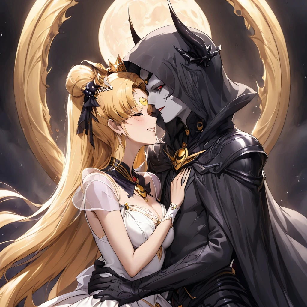 ((Highest quality)), ((masterpiece)), (detailed), (Perfect Face)、The woman is a dark bride in a black outfit、The man is a powerful demon king、Men and women in love、The woman is Black Serenity, the noble dark queen of the Black Moon clan and has blonde hair.2The woman with long hair tied up is Princess Serenity、The woman embraces the strong and evil demon king, kisses him, and gets married in the Black Moon Temple.、The woman has a black inverted crescent moon mark on her forehead, a gorgeous and glittering black gothic Victorian dress, a black veil and a black see-through cape, and is wearing luxurious jeweled accessories. She is the Queen of Darkness, the jet-black Princess Serenity, with a happy expression and the expression of a maiden in love.、A woman and a strong, evil demon king man are embracing the dark bride woman, kissing her vows and getting married.、The man is a strong and evil demon king, who embraces the woman, kisses her vows, and holds a wedding ceremony in the Temple of the Black Moon.、Men and women in love