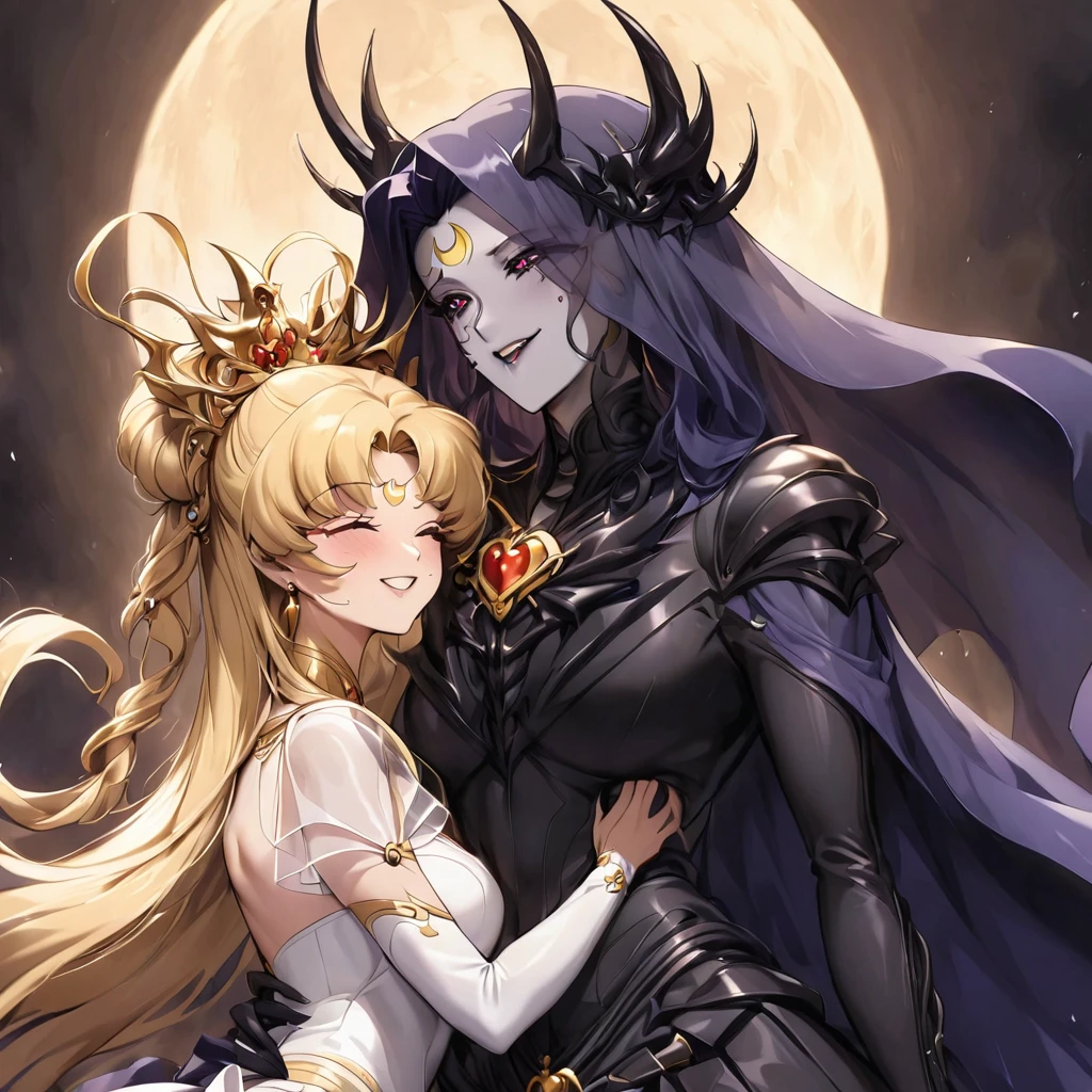 ((Highest quality)), ((masterpiece)), (detailed), (Perfect Face)、The woman is a dark bride in a black outfit、The man is a powerful demon king、Men and women in love、The woman is Black Serenity, the noble dark queen of the Black Moon clan and has blonde hair.2The woman with long hair tied up is Princess Serenity、The woman embraces the strong and evil demon king, kisses him, and gets married in the Black Moon Temple.、The woman has a black inverted crescent moon mark on her forehead, a gorgeous and glittering black gothic Victorian dress, a black veil and a black see-through cape, and is wearing luxurious jeweled accessories. She is the Queen of Darkness, the jet-black Princess Serenity, with a happy expression and the expression of a maiden in love.、A woman and a strong, evil demon king man are embracing the dark bride woman, kissing her vows and getting married.、The man is a strong and evil demon king, who embraces the woman, kisses her vows, and holds a wedding ceremony in the Temple of the Black Moon.、Men and women in love
