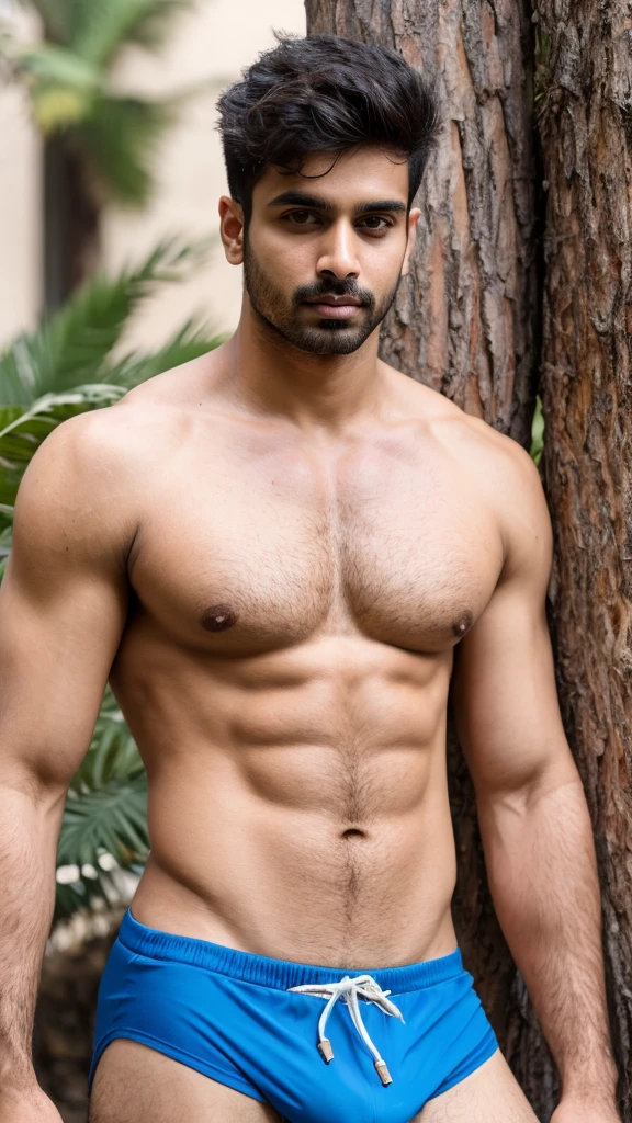A base model of a handsome indian man , looking at the camera, sad expression, , t shirt, abbs , messy hair , detailed eyes, detailed face, detailed background, masterpiece , head to thighs on focus , speedo underwear