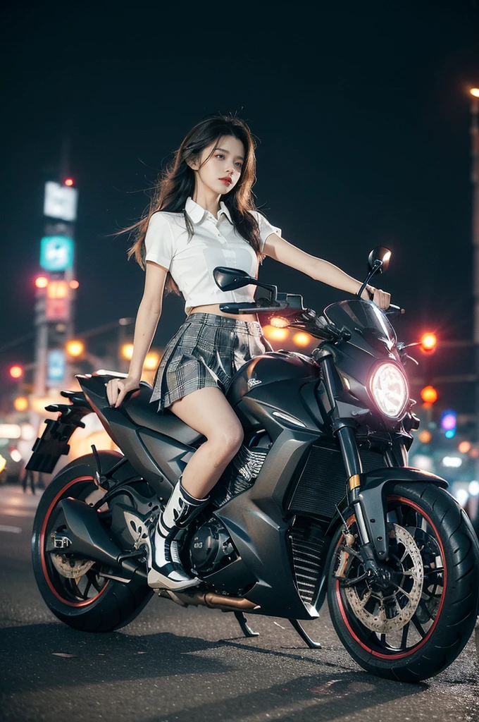 (((best quality))),(((ultra detailed))),(((masterpiece))),illustration,(1 beautiful girl,solo),((slim,thin)),((small breasts,flat chest)),(safety helmet:1.3),(shoulder length straight hair:1.2),slender legs,cyberpunk, urban street,high school student, JK outfit,(riding on a motorcycle:1.3), sleek, (white collared short-sleeved shirt:1.3), (red checkered pleated skirt:1.3),(pantyhose:1.3), stylish boots, confidence, determination, dark streets, wind, hair blowing, neon lights, skyscrapers, urban noises, traffic, sirens, city sounds, futuristic, dystopian society, technology, fashion, explosive cocktail, style, , modernity, attitude, spirit, anything is possible,from front