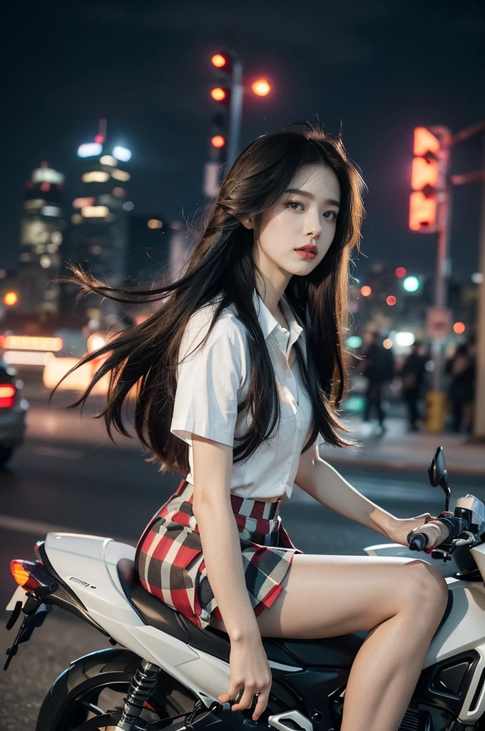 (((best quality))),(((ultra detailed))),(((masterpiece))),illustration,(1 beautiful girl,solo),((slim,thin)),((small breasts,flat chest)),(safety helmet:1.3),(shoulder length straight hair:1.2),slender legs,cyberpunk, urban street,high school student, JK outfit,(riding on a motorcycle:1.3), sleek, (white collared short-sleeved shirt:1.3), (red checkered pleated skirt:1.3),(pantyhose:1.3), stylish boots, confidence, determination, dark streets, wind, hair blowing, neon lights, skyscrapers, urban noises, traffic, sirens, city sounds, futuristic, dystopian society, technology, fashion, explosive cocktail, style, , modernity, attitude, spirit, anything is possible,from front