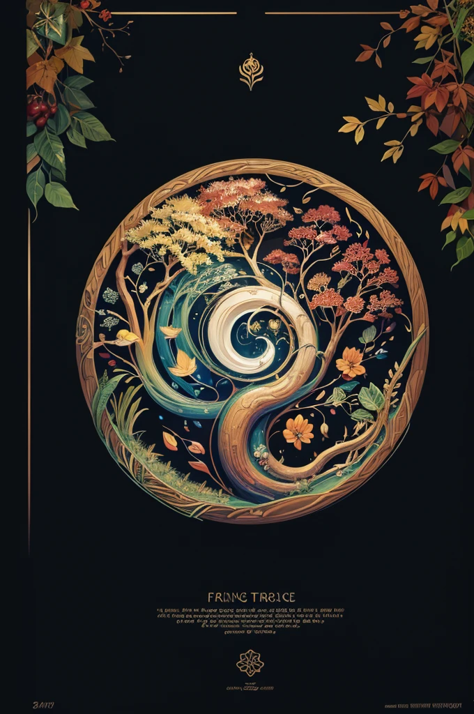 circular tree,four seasons,spring,summer,autumn,winter,leaves,roots,branches,trunk,ornate border,decorative,digital illustration,artwork,movement,time,swirling background,dark background,vibrant colors,natural,life cycle,growth,change,nature,life,peace,harmony,spirituality,symbolism,digital art,illustration,painting,graphic design,art,design,digital media,online art,visual art,fine art,fantasy