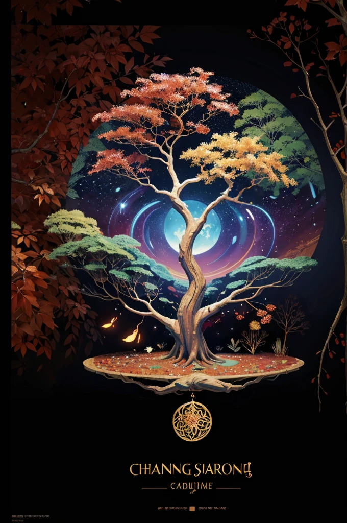 circular tree,four seasons,spring,summer,autumn,winter,leaves,roots,branches,trunk,ornate border,decorative,digital illustration,artwork,movement,time,swirling background,dark background,vibrant colors,natural,life cycle,growth,change,nature,life,peace,harmony,spirituality,symbolism,digital art,illustration,painting,graphic design,art,design,digital media,online art,visual art,fine art,fantasy