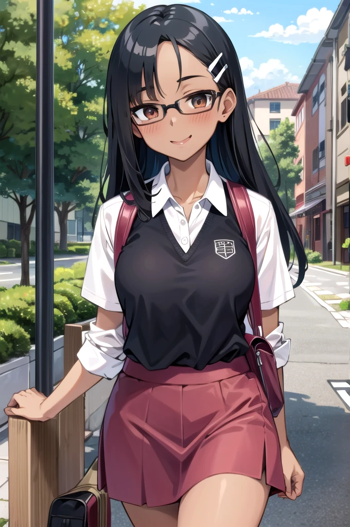 ((best quality)), ((masterpiece)), (detailed), 1girl, sexy((best quality)), ((masterpiece)), (detailed), 1girl, sexly((Highest quality)), ((masterpiece)), (detailed), One girl, セクシーexpensive body, expensive, Long legs, mature female, mature, Adult, It is_Nagatoro_main, nagatoro hayase, One girl, blush, alone, White polo shirt、 Black Hair, bag, Brown eyes, hair ornaments, View your viewers, Hair Clip, Outdoor, Backpack, smile, Long Hair, White shirt, Dark skinned women, Dark Skin, , bangs, Day, skirt, Collared shirt, clavicle, Ear Clip, Rolled up my sleeves, Mouth closed, wood, asymmetrical bangs, Upper Body
