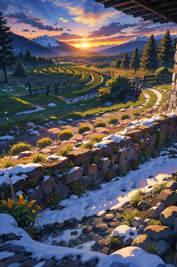hut, vineyard, grapes, stone path, sunrise, clouds, snowy mountains, trees, valley, landscape, harvest, middle ages, rocky streamasterpiece, best quality: 1.2)