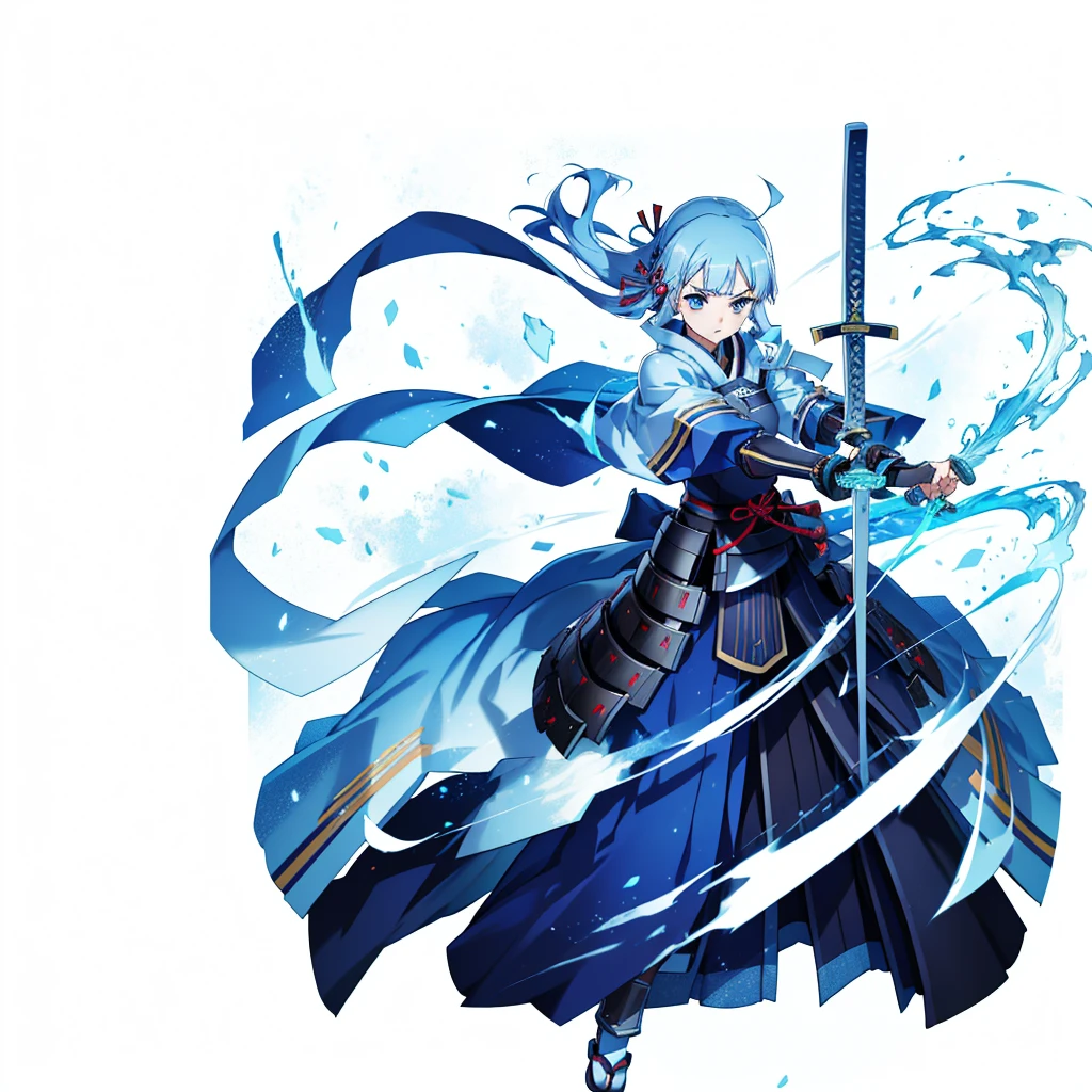 View the viewer, 1 Girl,  Highest quality, Blue Hair, blue eyes, Japanese style armor, Sword in hand, electricity, kamisato ayaka, whole body, blush, Serious face、Very detailed、high resolution、High resolution、Written boundary depth,White Background,A sword as big as your body