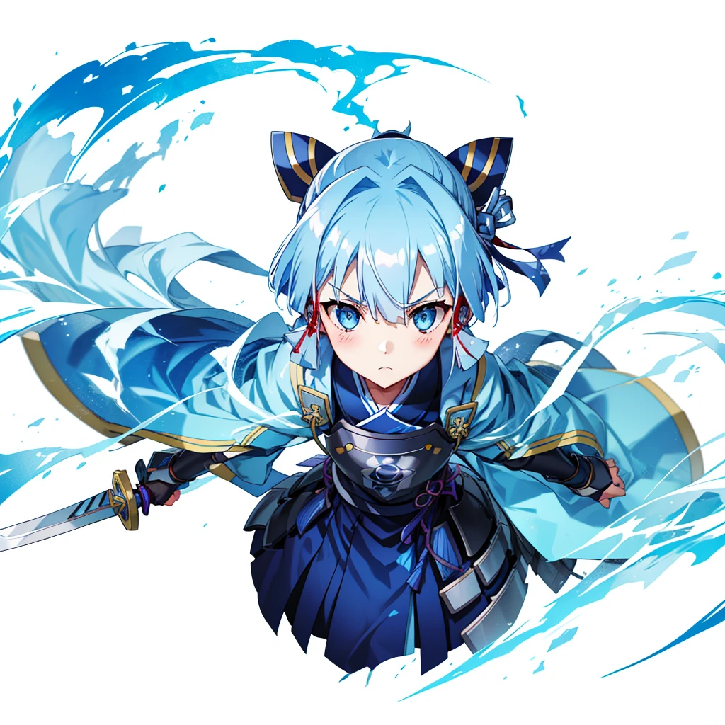 View the viewer, 1 Girl,  Highest quality, Blue Hair, blue eyes, Japanese style armor, Sword in hand, electricity, kamisato ayaka, whole body, blush, Serious face、Very detailed、high resolution、High resolution、Written boundary depth,White Background,A sword as big as your body