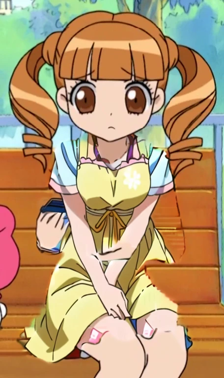 a close up of a person sitting on a bench, anime girl named lucy, today's featured anime still, anime style”, cel shaded anime, safebooru anime image, anime screenshot, screenshot from guro anime, in an anime, manga”, anime screencap, anime still, in the anime film, aya takano color style, Yellow dress, anime still image