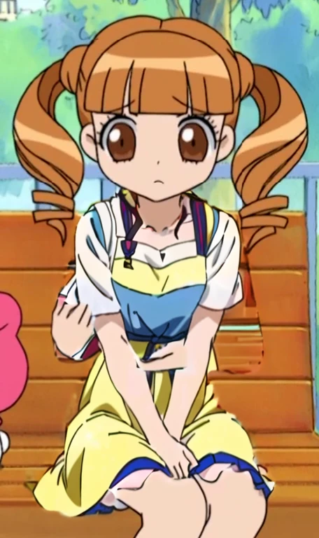 a close up of a person sitting on a bench, anime girl named lucy, today's featured anime still, anime style”, cel shaded anime, safebooru anime image, anime screenshot, screenshot from guro anime, in an anime, manga”, anime screencap, anime still, in the anime film, aya takano color style, Yellow dress, anime still image