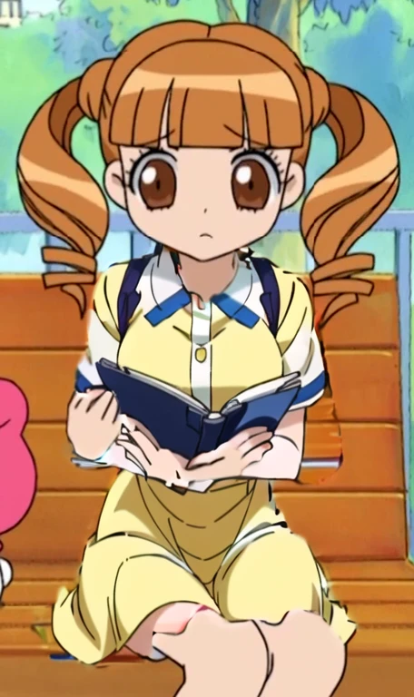 a close up of a person sitting on a bench, anime girl named lucy, today's featured anime still, anime style”, cel shaded anime, safebooru anime image, anime screenshot, screenshot from guro anime, in an anime, manga”, anime screencap, anime still, in the anime film, aya takano color style, Yellow dress, anime still image