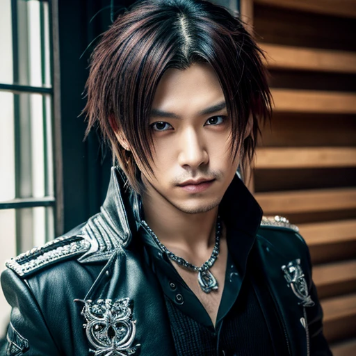 1 japanese male rocker, asien eyes, Visual Kai hairstyle, ultra detailed face and body, hyperrealistic, realistic representation, muscular, broad shoulders, tattoos gothic style, piercings, Visual Kei style, hairstyle Visual Kei, blond, 40 years old, age 40 outfit gothic streampunk, men's shirt and black pants, Asian eyes, eyes Asian, long hair, long hair